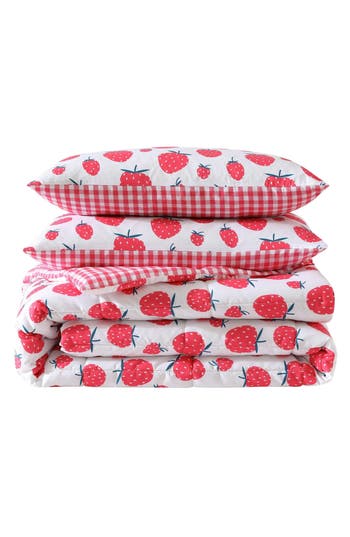 Eddie Bauer Kids' Strawberry Field 3-piece Comforter Set In White/rose Pink/dusty Green