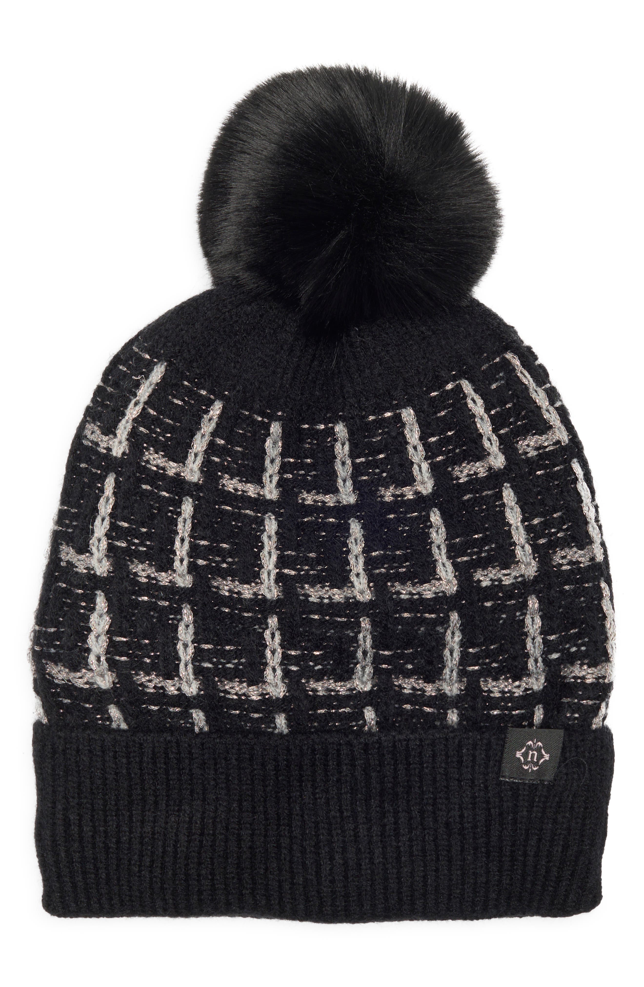 Nanette Lepore Tweed Knit Beanie with Faux Fur Pompom