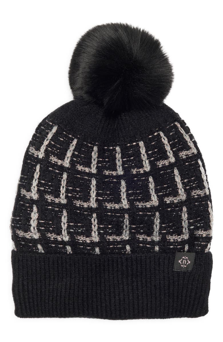 Nanette Lepore Tweed Knit Beanie with Faux Fur Pompom, Main, color, Black