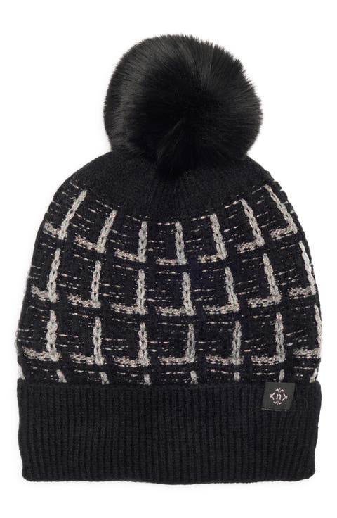 Tweed Knit Beanie with Faux Fur Pompom