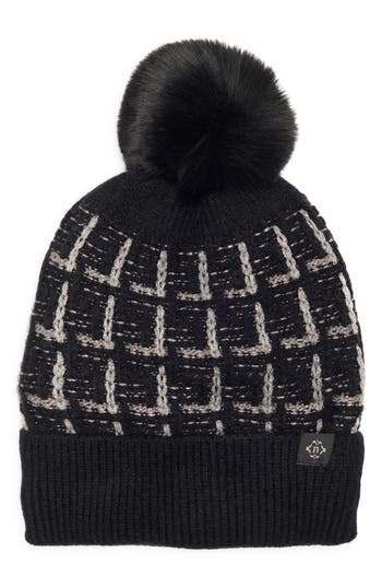 Nanette Lepore Tweed Knit Beanie With Faux Fur Pompom In Black
