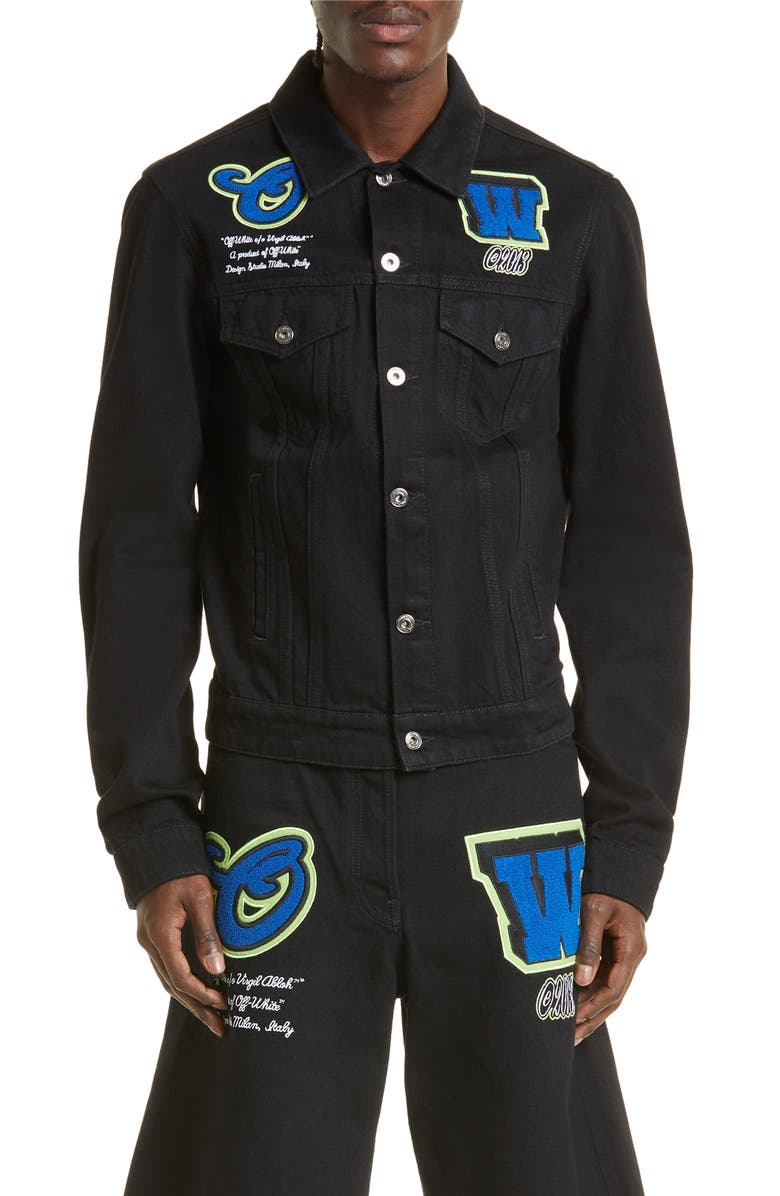 Off-White Varsity Patch Denim Jacket, Main, color, 