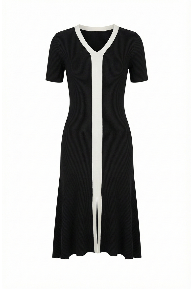 Ribbed Knit Contrast Placket Midi Dress, Alternate, color, Black