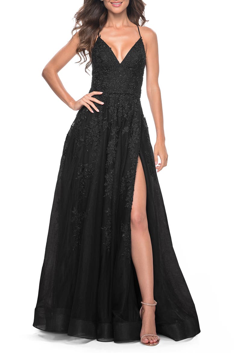 Tulle Prom Dress with Floral Detail and Side Slit, Main, color, Black