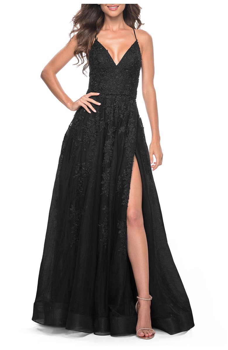 La Femme Tulle Prom Dress with Floral Detail and Side Slit, Main, color, Black