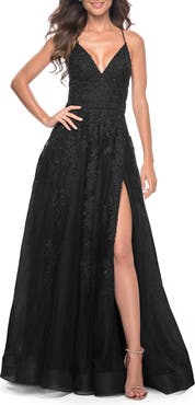 La Femme Tulle Prom Dress with Floral Detail and Side Slit