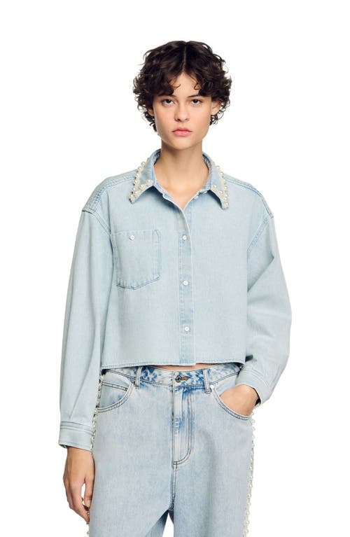 Sandro Denim Shirt With Beaded Collar In Light Bu Jean