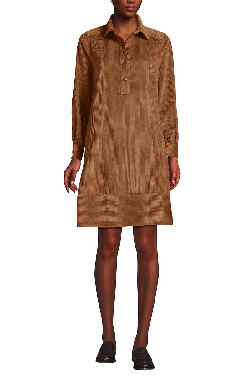 Lands' End Wide Wale Cord Popover Long Sleeve Shirt Dress, Alternate, color, Maple Toffee