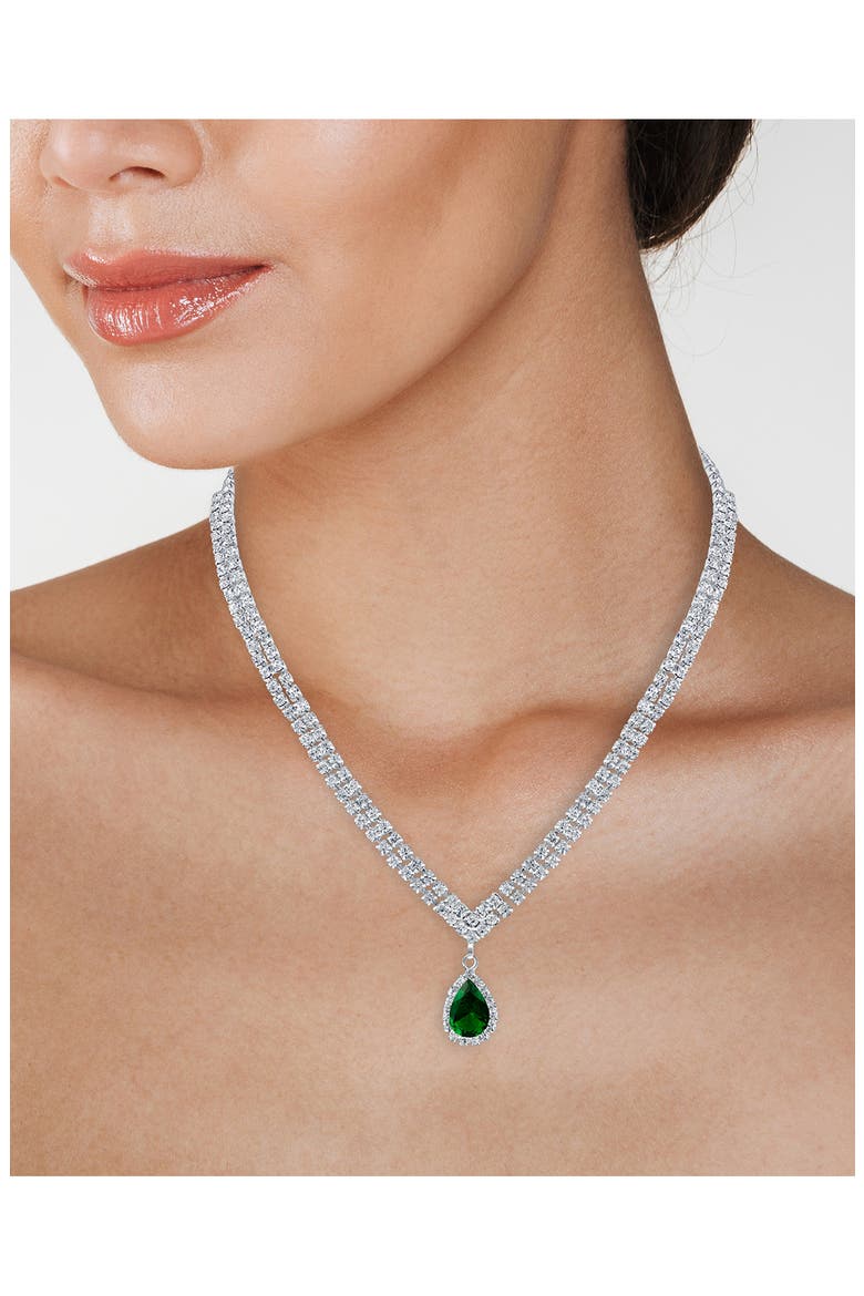 Cubic Zirconia Teardrop Pendant Double Tennis Necklace, Alternate, color, GREEN/ CLEAR SILVER