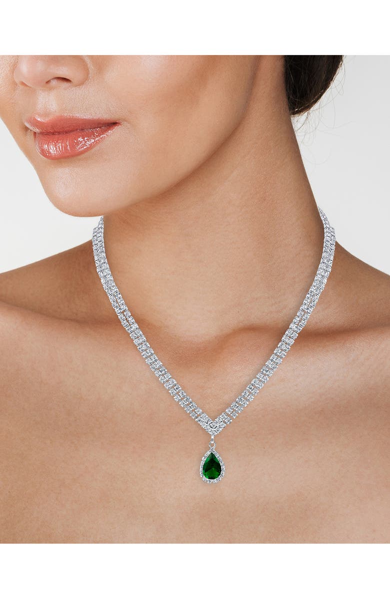 CZ by Kenneth Jay Lane Cubic Zirconia Teardrop Pendant Double Tennis Necklace, Alternate, color, Green/ Clear Silver