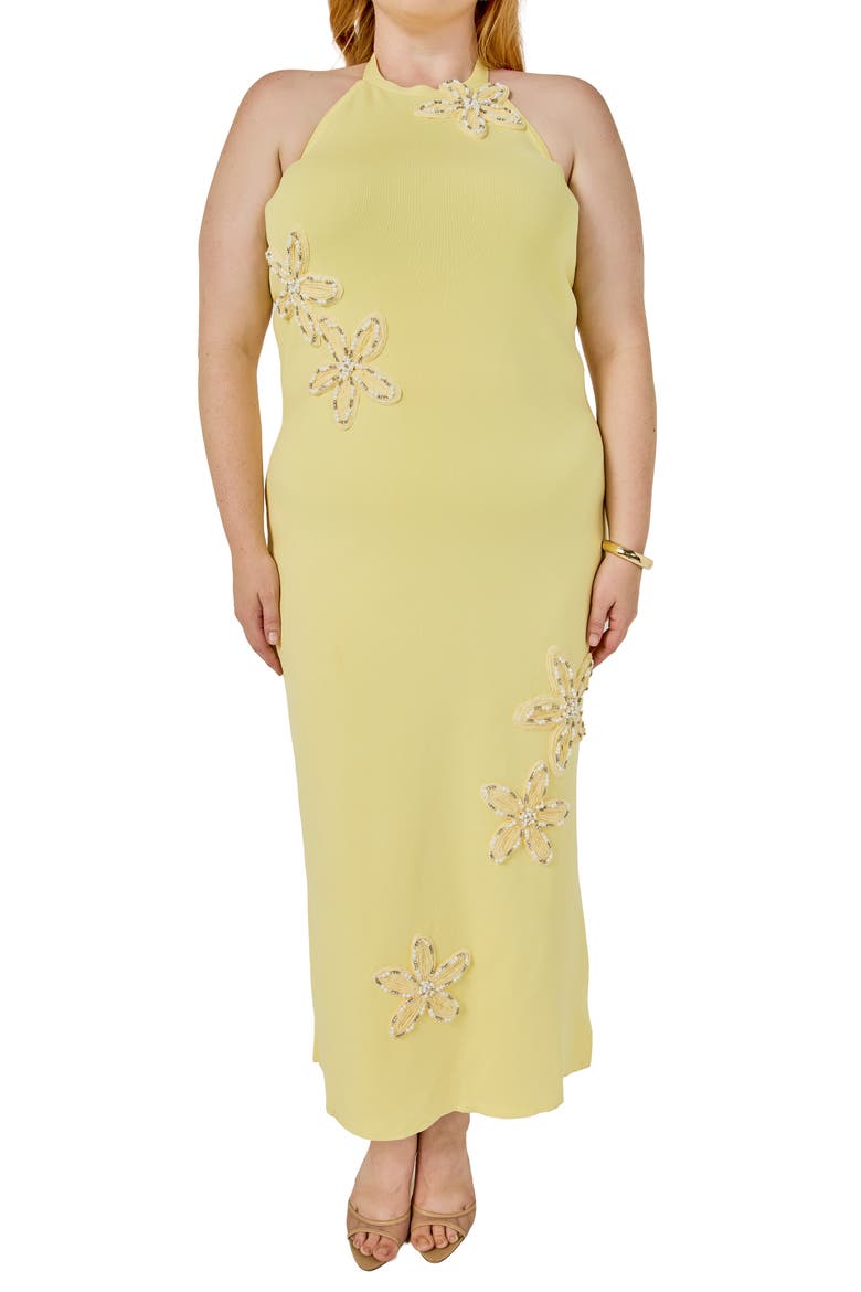 Flower Detail Halter Maxi Dress, Alternate, color, BUTTER