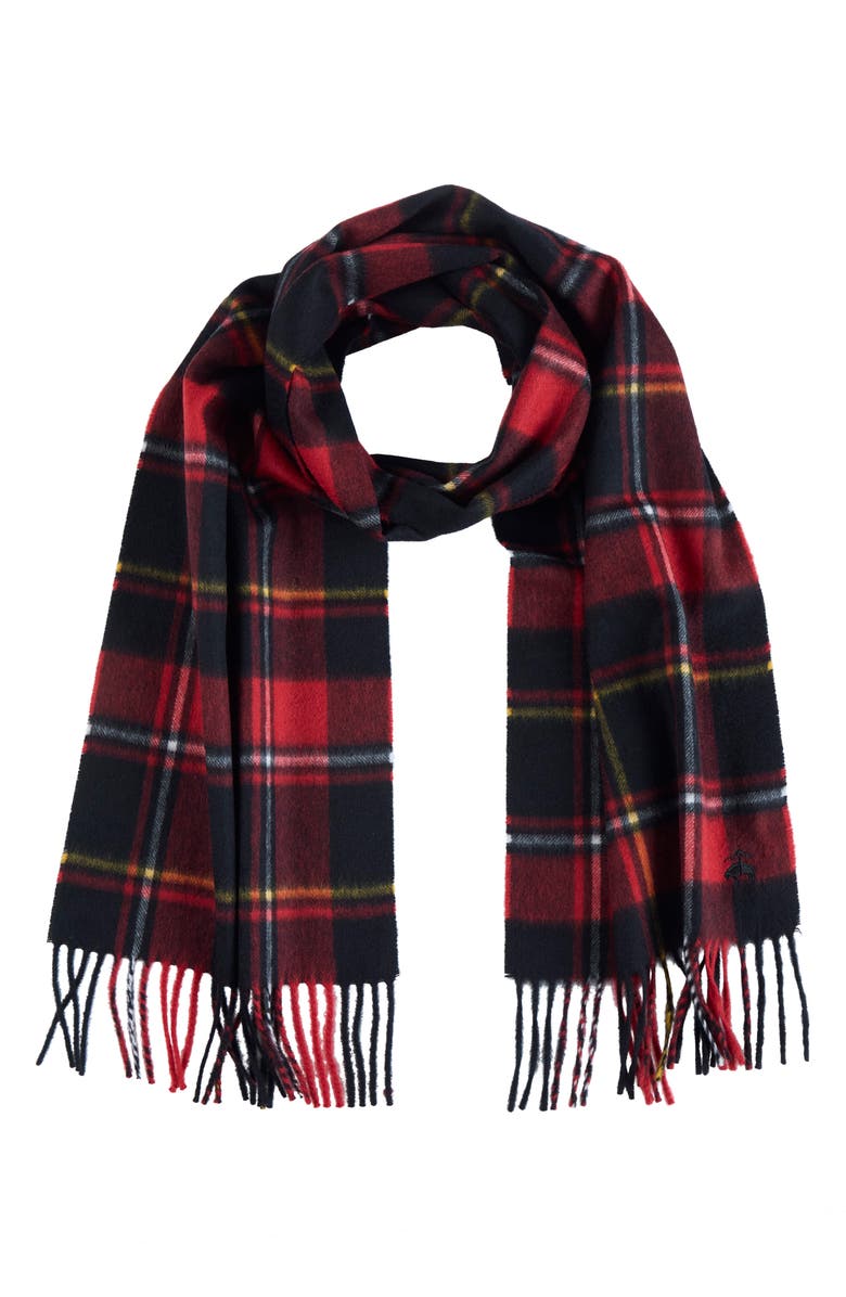 Brooks Brothers Tartan Wool & Cashmere Blend Fringe Scarf, Alternate, color, Black/ Red