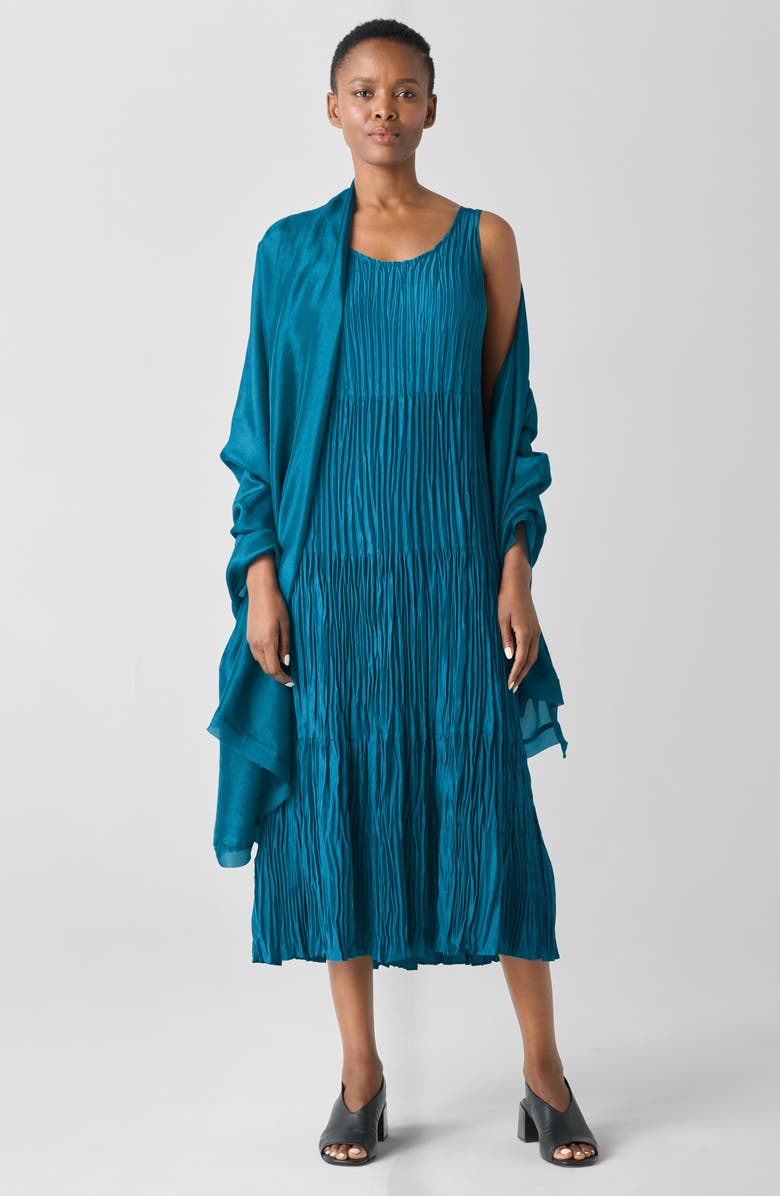 Eileen Fisher Tiered Pleated Silk Midi Dress, Alternate, color, Drgfy