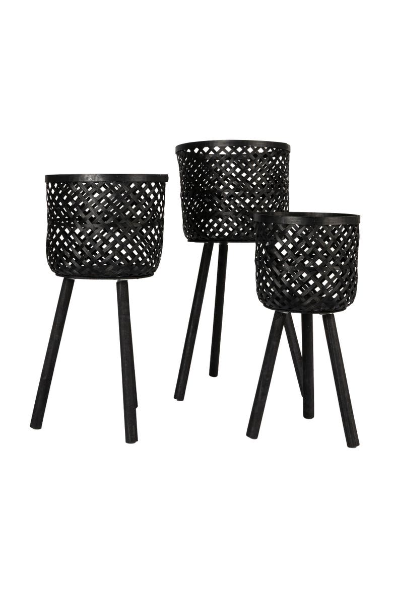 Woven wood Baskets with Wooden Legs, Black, Set of 3, Main, color, Black