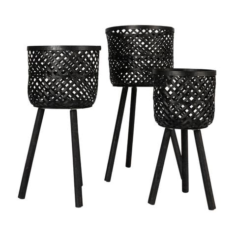 Woven wood Baskets with Wooden Legs, Black, Set of 3