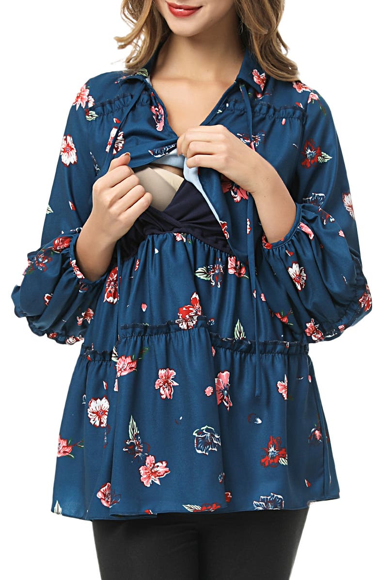 Kimi and Kai Coco Maternity/Nursing Peasant Top, Alternate, color, Blue