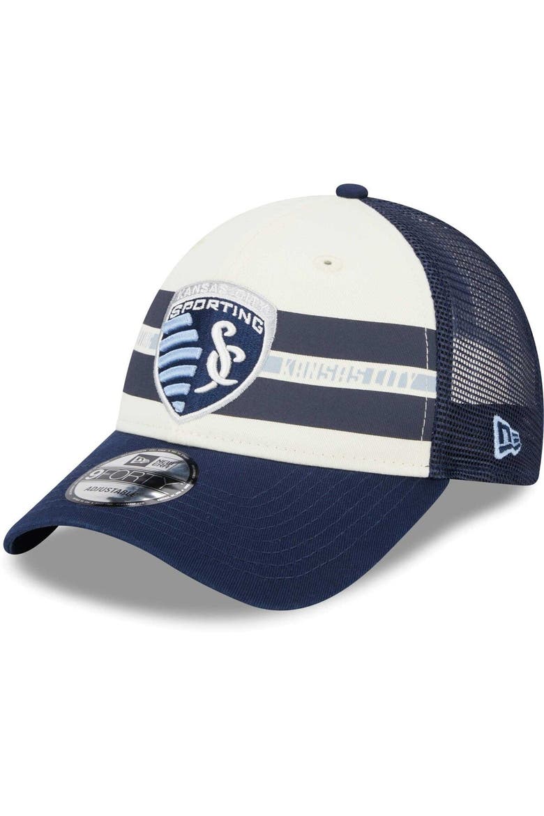 Men's New Era White/Navy Sporting Kansas City Team Stripes 9FORTY Trucker Snapback Hat, Main, color, White