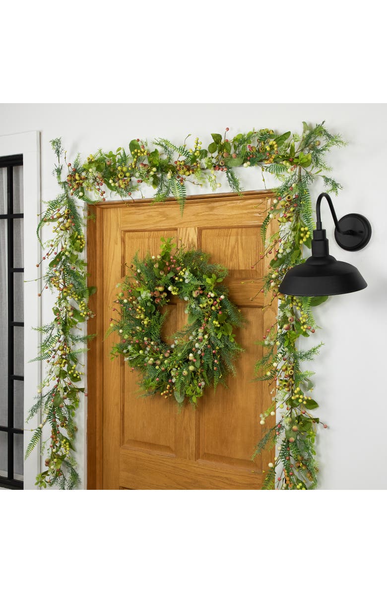 Northlight Berry and Crabapple Fern Foliage Spring Wreath - 22", Alternate, color, Green