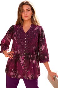 Roaman's Plus Size Juliet Lace Trim Button Down Shirt