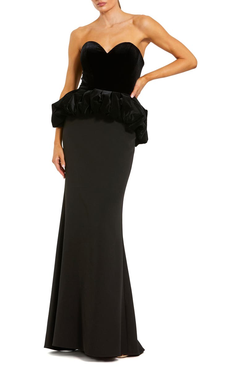 Mac Duggal Strapless Velvet Peplum Top With Crepe Skirt Gown, Main, color, Black