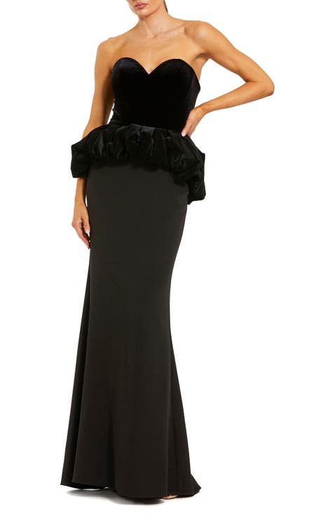 Strapless Velvet Peplum Top With Crepe Skirt Gown