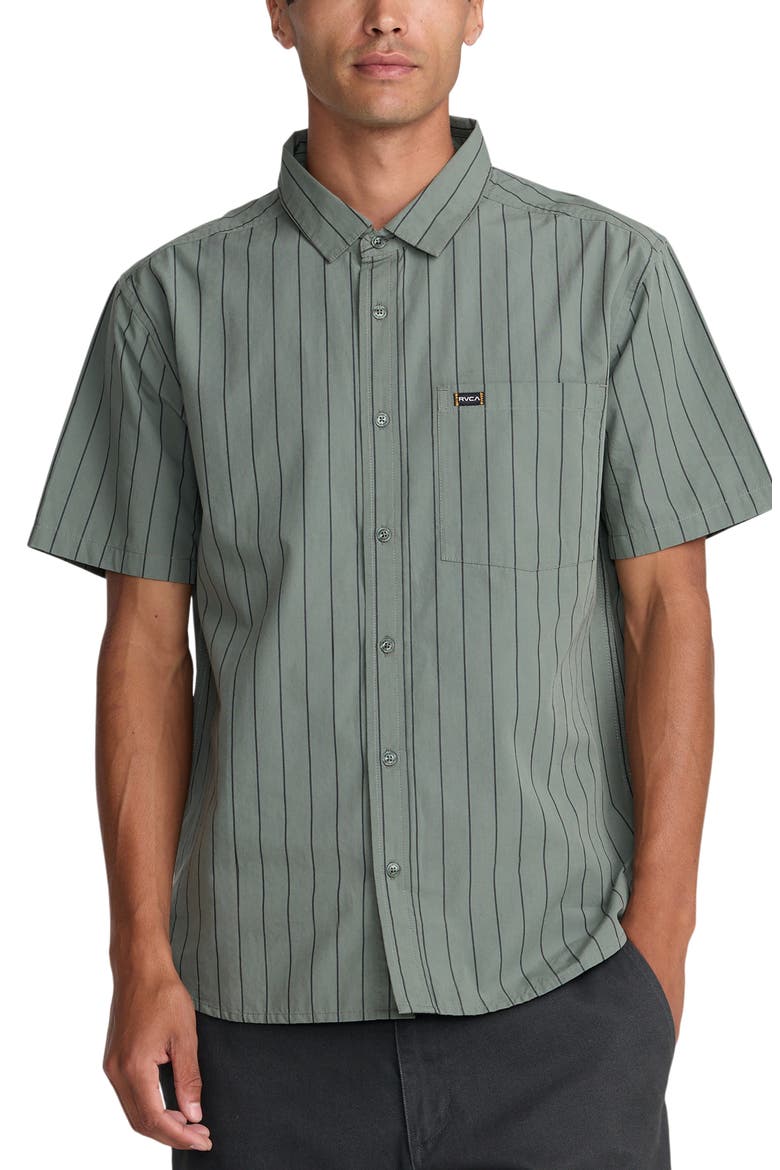 Dayshift Workwear Stripe Short Sleeve Button-Up Shirt, Main, color, SAGE LEAF