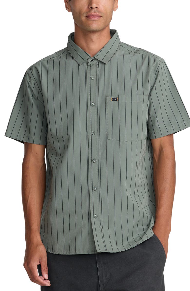 RVCA Dayshift Workwear Stripe Short Sleeve Button-Up Shirt, Main, color, Sage Leaf