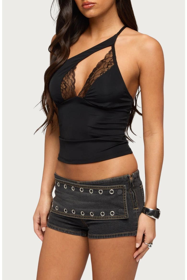 One Shoulder Peekaboo Lacey Cutout Top, Alternate, color, BLACK