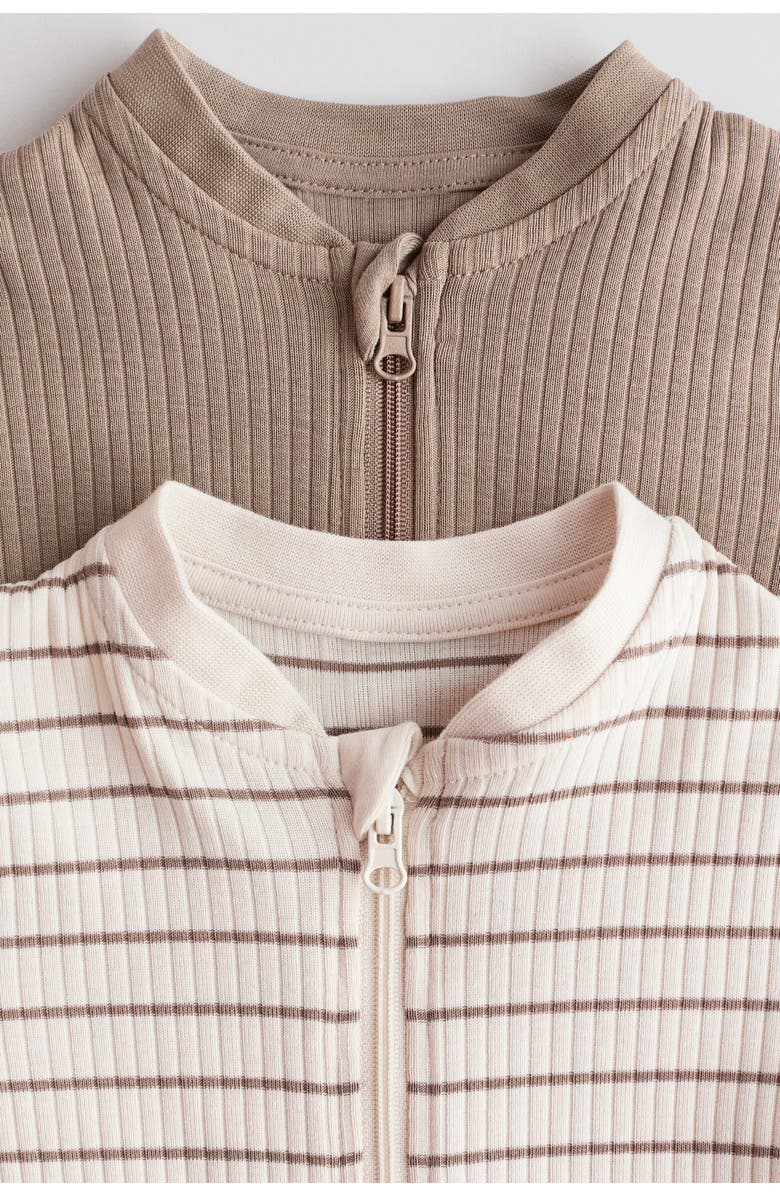 H&M 2-pack Short Cotton Sleepsuits, Alternate, color, Beige/White Striped