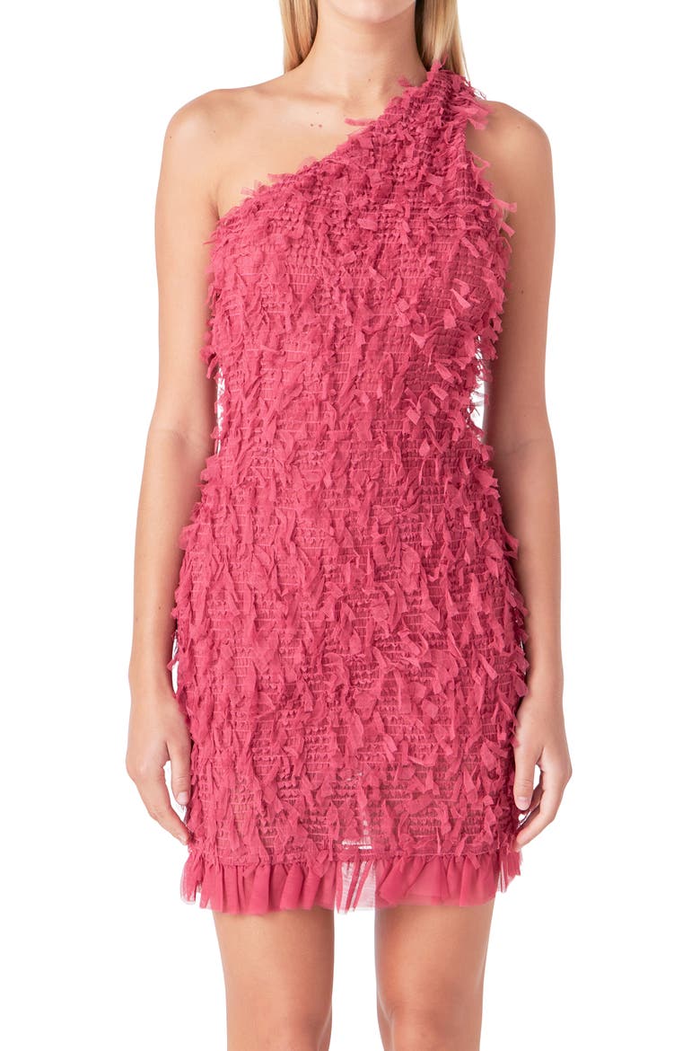 One-Shoulder Mesh Fringe Minidress, Alternate, color, BURGUNDY