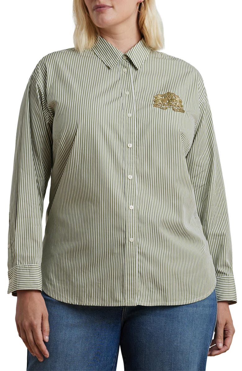 Lauren Ralph Lauren Stripe Lion Crest Cotton Button-Up Shirt, Main, color, 