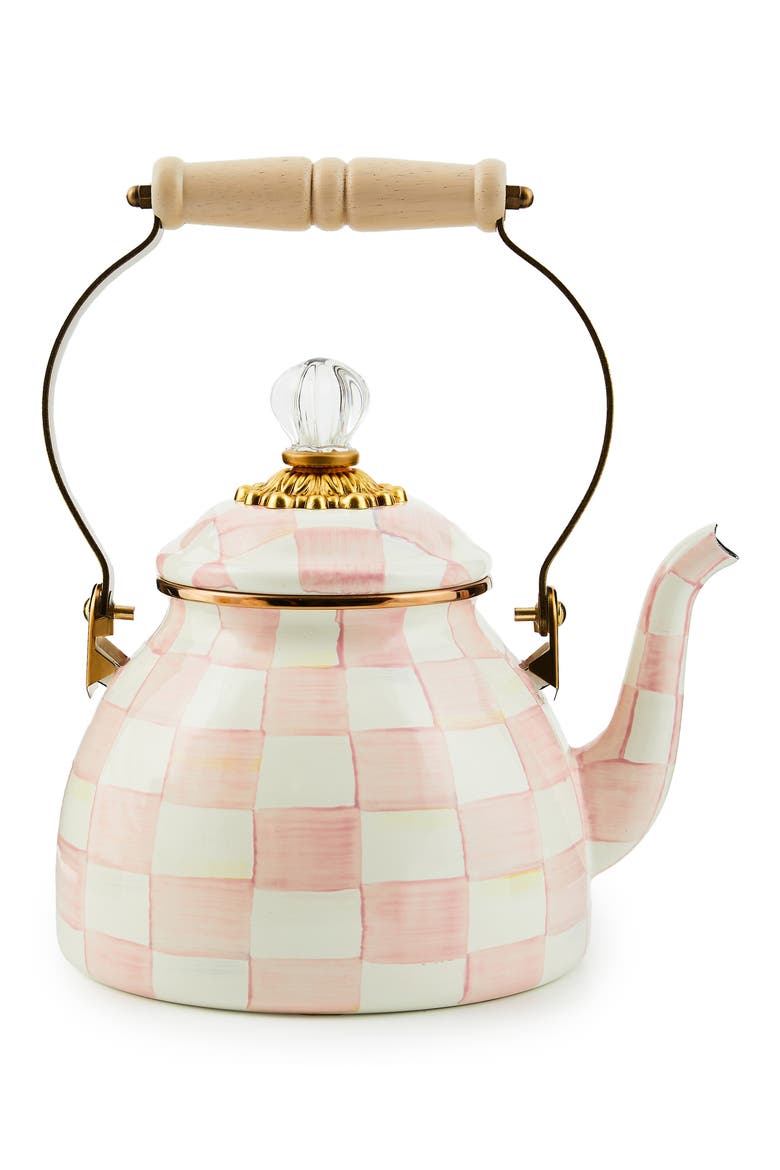 Rosy Check Enameled Steel 2-Quart Tea Kettle, Main, color, PINK/ WHITE