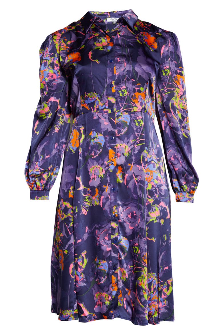 Neon Floral Long Sleeve Satin Shirtdress, Alternate, color, NAVY