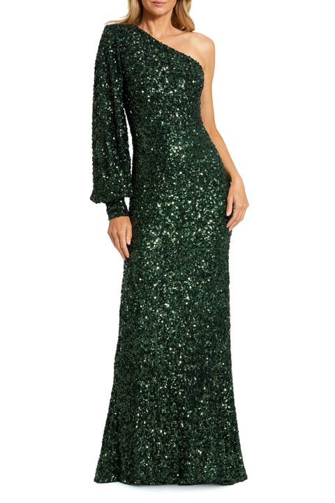 Sequined One Shoulder Bishop Sleeve Trumpet Gown