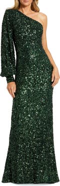 Mac Duggal Sequined One Shoulder Bishop Sleeve Trumpet Gown