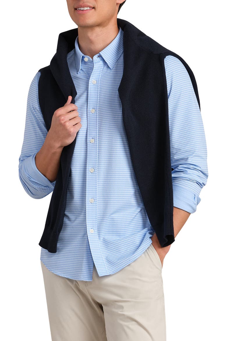Commuter Slim Fit Gingham Check Performance Button-Up Shirt, Main, color, LIGHT BLUE GINGHAM