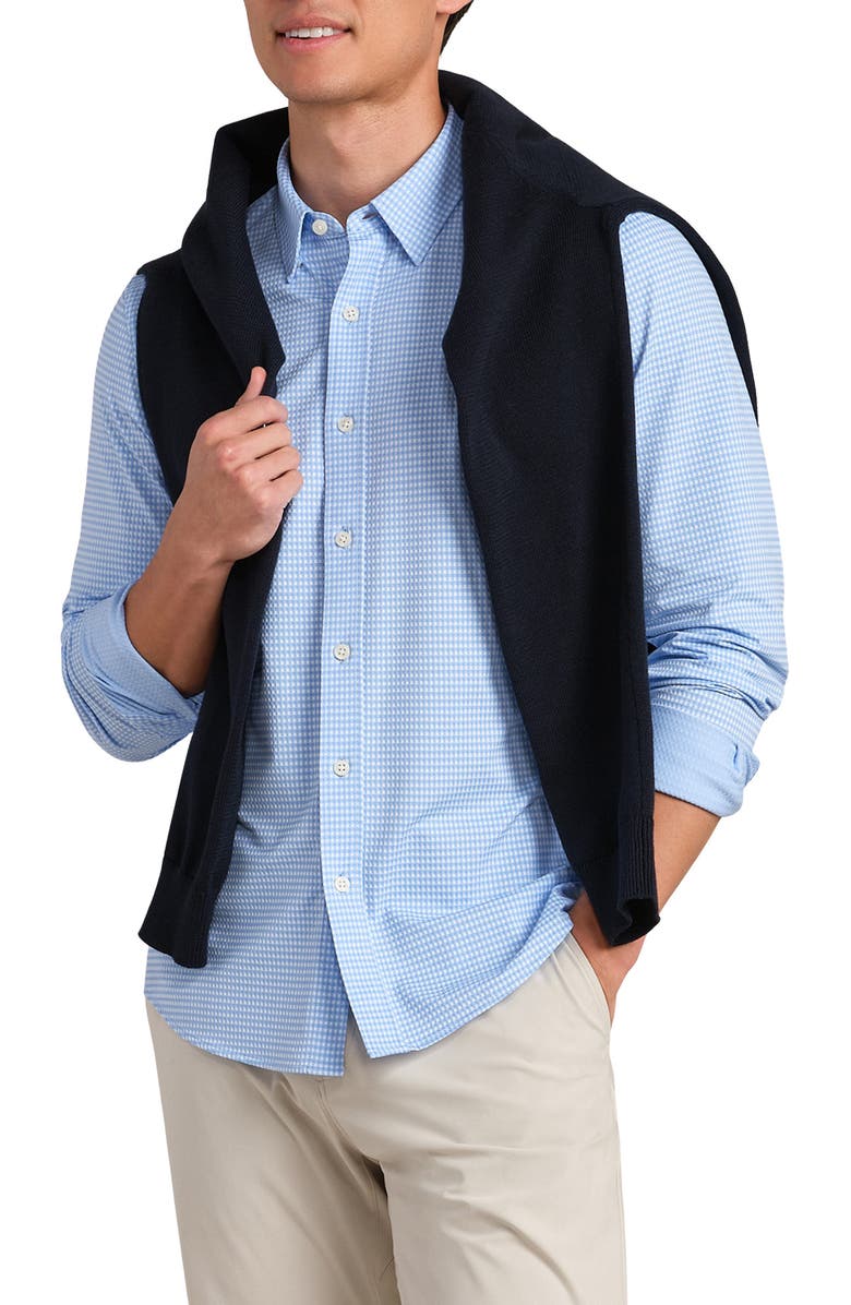 Rhone Commuter Slim Fit Gingham Check Performance Button-Up Shirt, Main, color, Light Blue Gingham