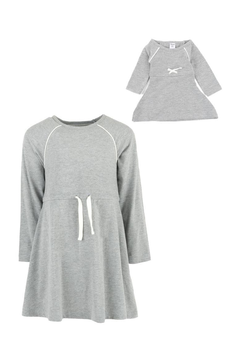 Girls Bow Tie Dress with Matching Doll Dress, Alternate, color, LIGHT GREY