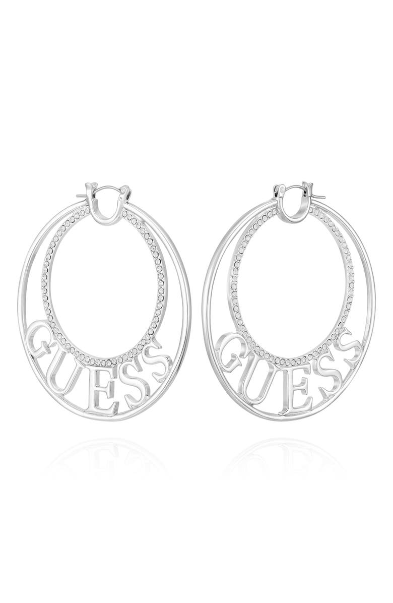 GUESS Logo Pavé Hoop Earrings, Alternate, color, Silver Tone