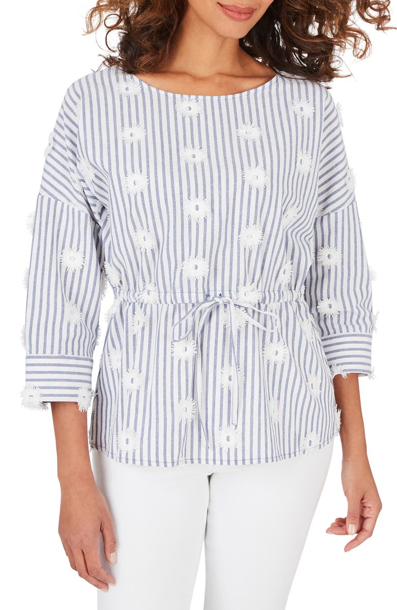 Foxcroft Marina Sea Stripe Embroidered Top, Main, color, Malibu Blue