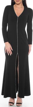 Oleg Cassini Rhinestone Trim Long Sleeve Gown