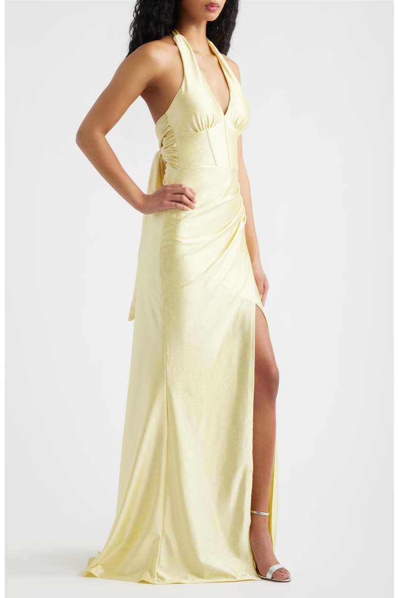 Glitter Bow Back Halter Gown, Alternate, color, BUTTER