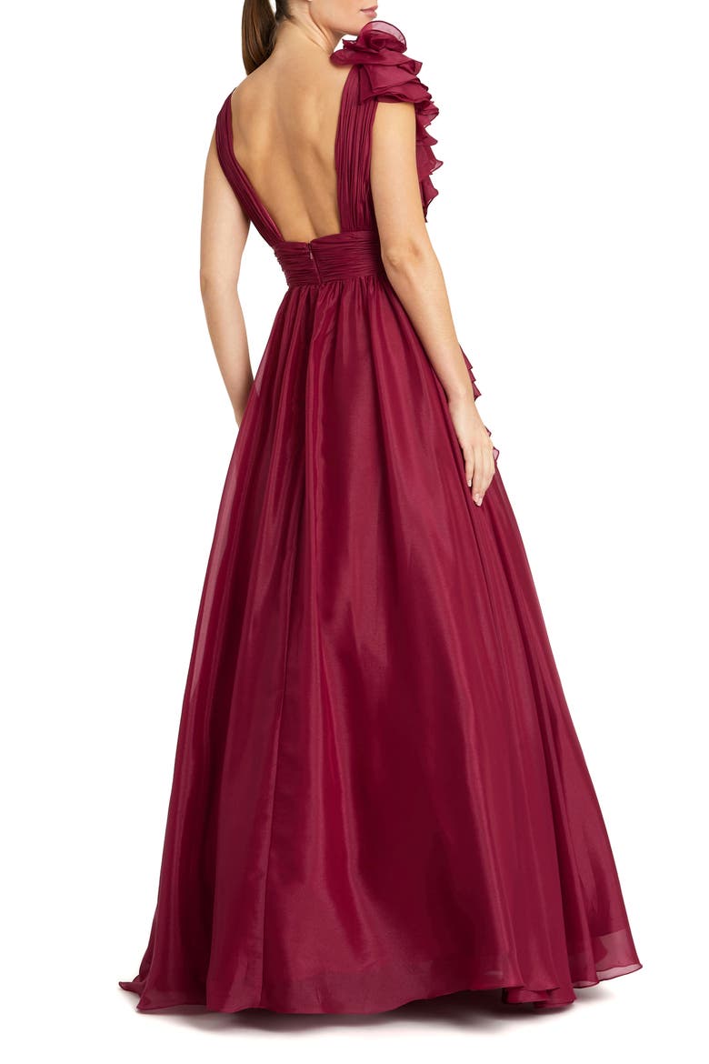 Petite Ruffle Shoulder V-Neck Chiffon Gown, Alternate, color, Wine