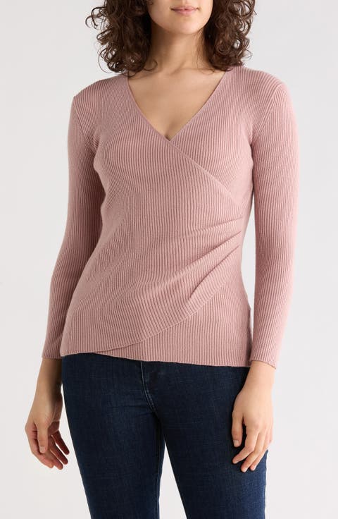 Three-Quarter Sleeve Faux Wrap Sweater
