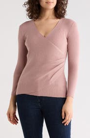 MAX STUDIO Three-Quarter Sleeve Faux Wrap Sweater