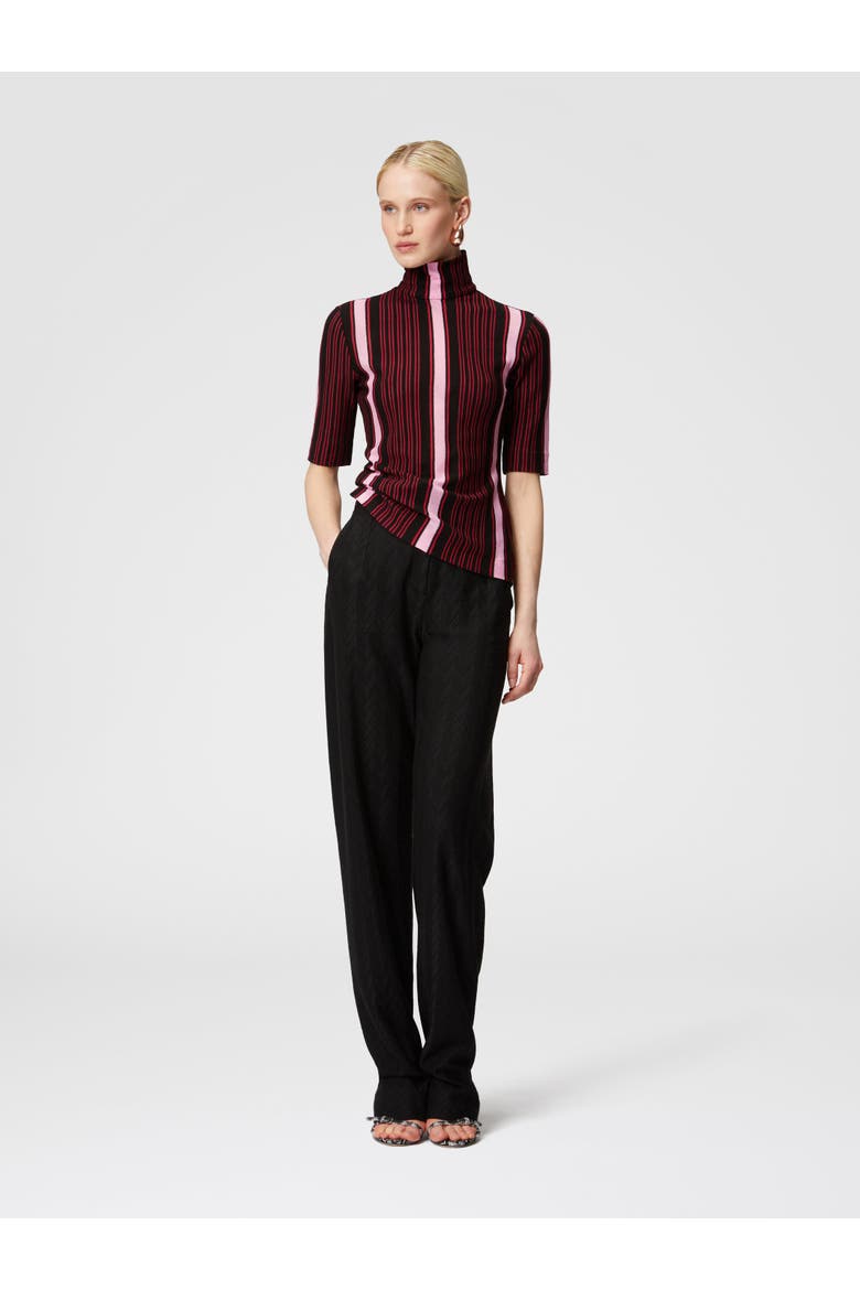 Short-sleeved Turtleneck In Striped Cotton And Viscose, Alternate, color, Black & Pink