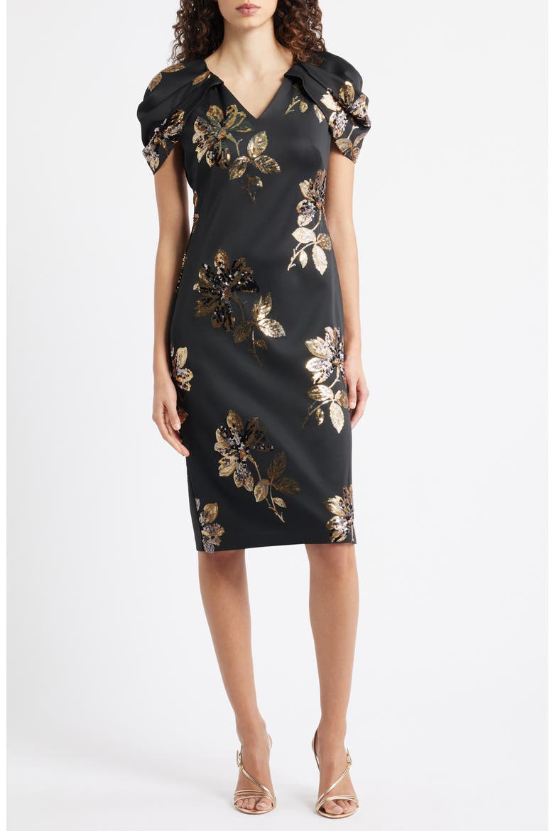 Sequin Puff Sleeve Satin Sheath Dress, Main, color, BLACK