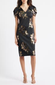 Vince Camuto Sequin Puff Sleeve Satin Sheath Dress