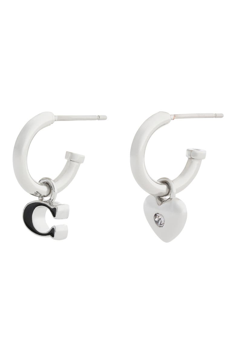 Signature C Mismatch Enamel Drop Huggie Hoop Earrings, Alternate, color, BLACK/ RHODIUM