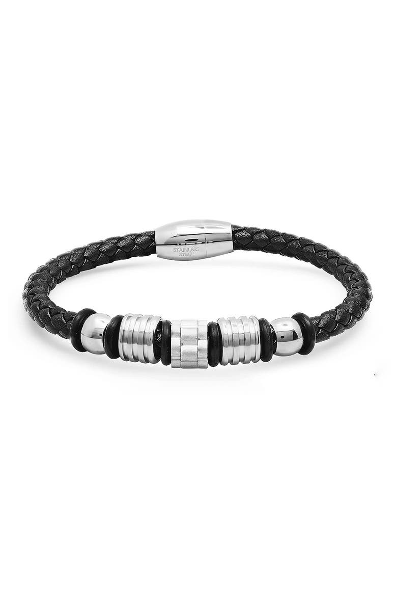 Men's Braided Leather Bracelet, Main, color, BLACK